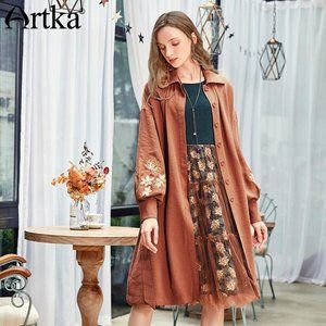 Vintage Embroidery Floral A-line Trench Coat